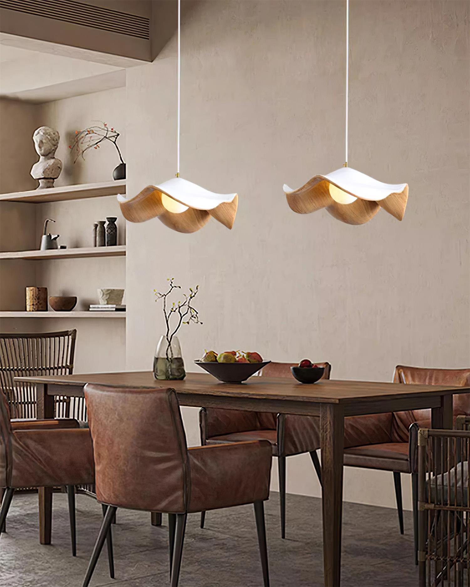 Wavy Wood Pendant Light with Sculptural Shade