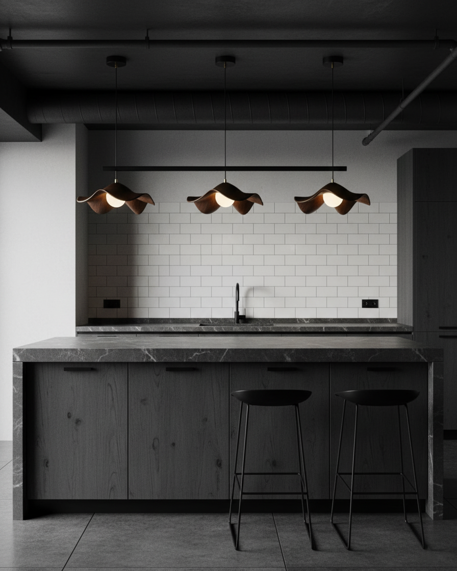 Wavy Wood Pendant Light with Sculptural Shade