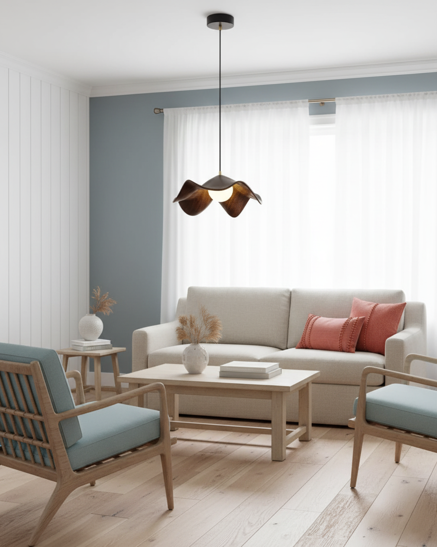 Wavy Wood Pendant Light with Sculptural Shade