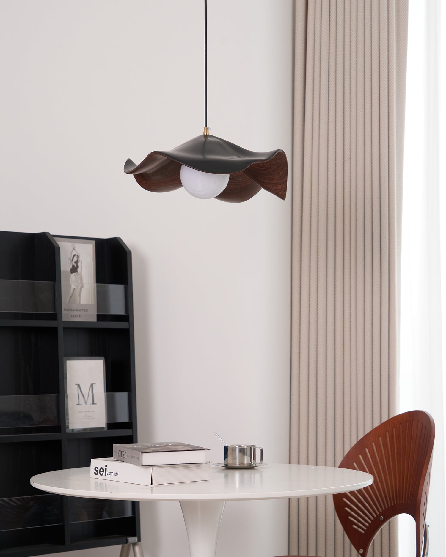 Wavy Wood Pendant Light with Sculptural Shade