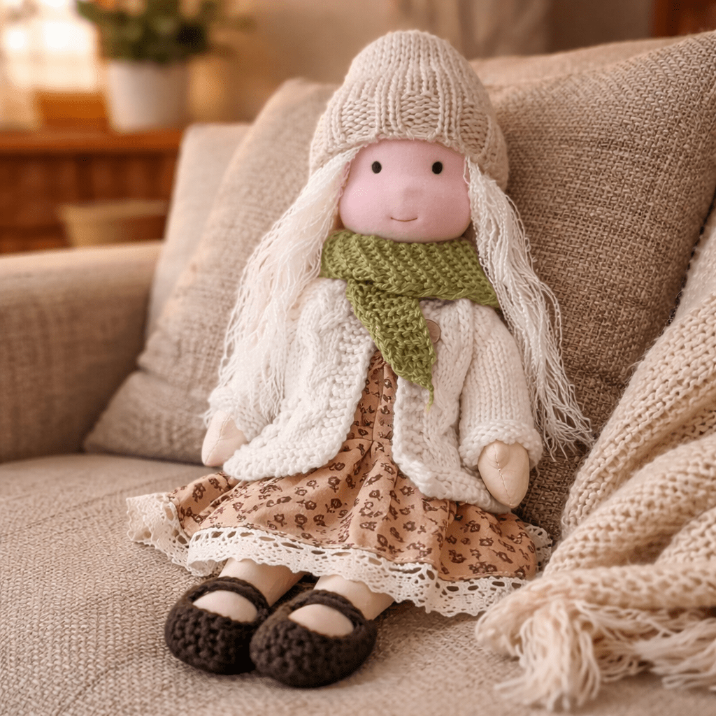 Handmade Waldorf Doll Soft Cotton Rag Doll with Knitted Outfit Cuddly Plush Doll for Toddlers and Kids Creative Play