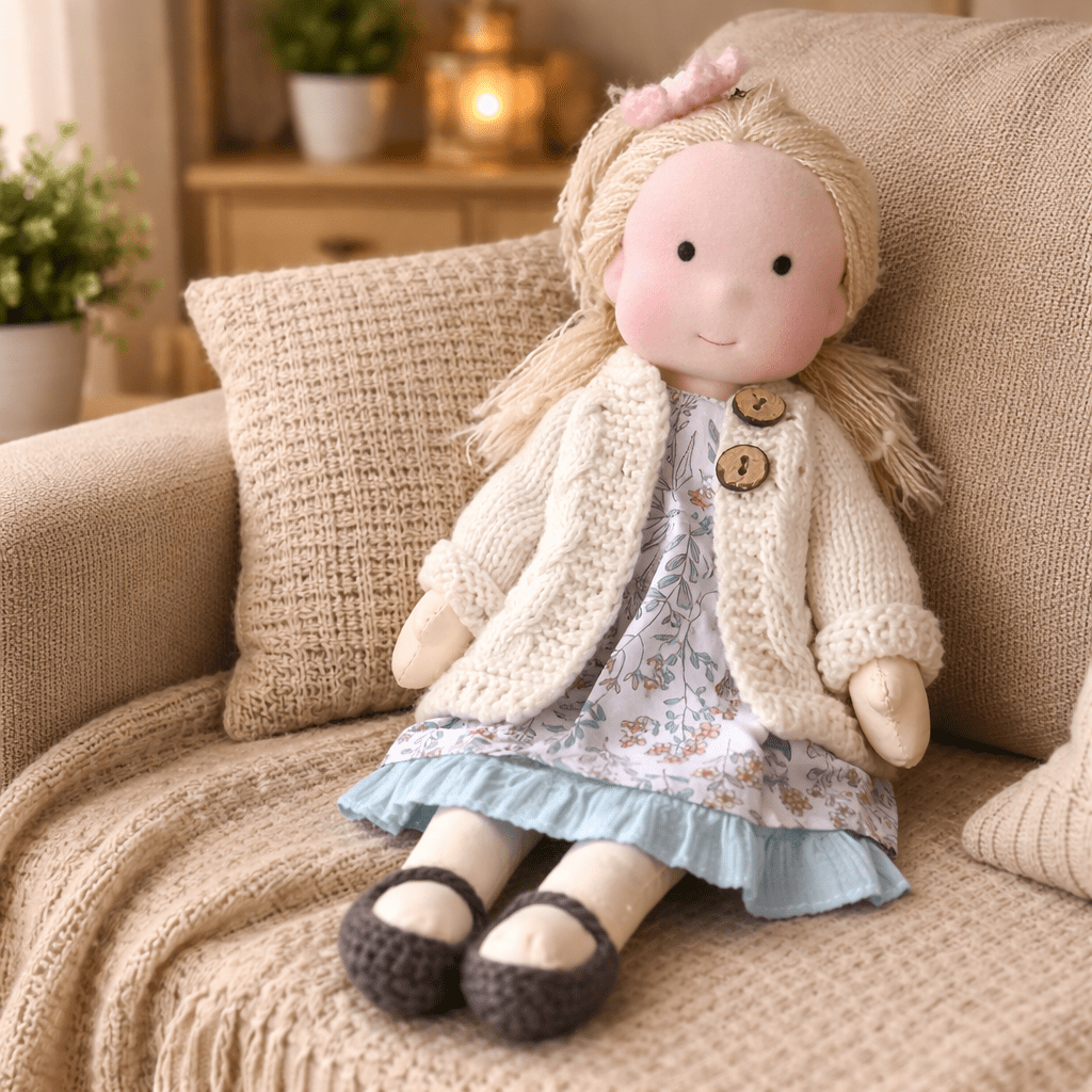 Handmade Waldorf Doll Soft Cotton Rag Doll with Knitted Outfit Cuddly Plush Doll for Toddlers and Kids Creative Play