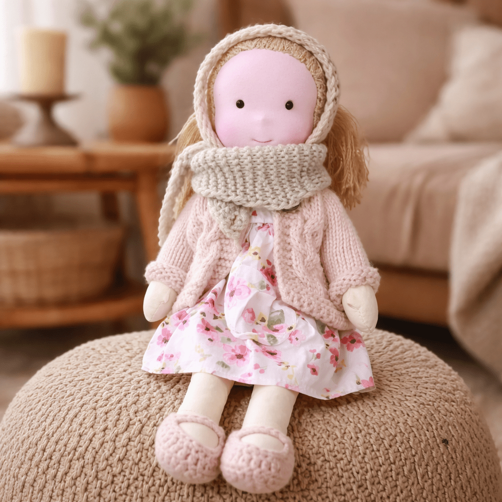 Handmade Waldorf Doll Soft Cotton Rag Doll with Knitted Outfit Cuddly Plush Doll for Toddlers and Kids Creative Play