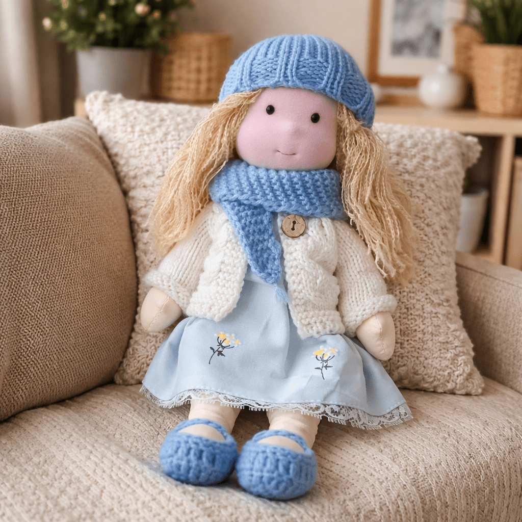 Handmade Waldorf Doll Soft Cotton Rag Doll with Knitted Outfit Cuddly Plush Doll for Toddlers and Kids Creative Play