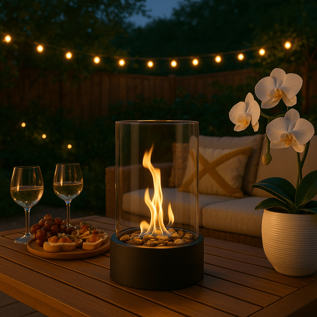 Round Bioethanol Tabletop Fireplace with Heat-Resistant Glass Cylinder Smokeless Indoor Outdoor Fire Pit