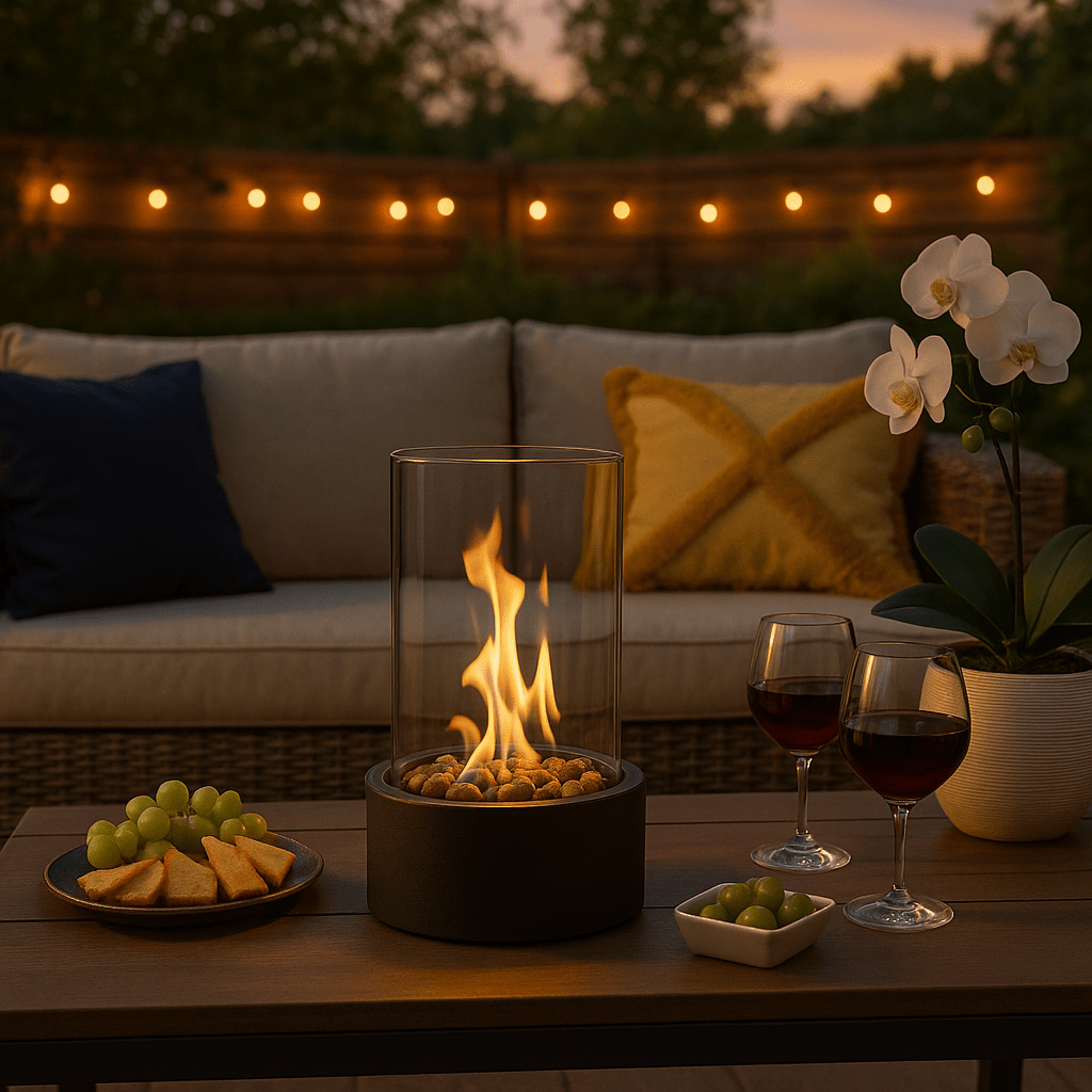 Round Bioethanol Tabletop Fireplace with Heat-Resistant Glass Cylinder Smokeless Indoor Outdoor Fire Pit