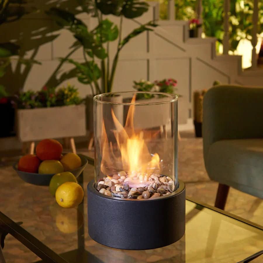 Round Bioethanol Tabletop Fireplace with Heat-Resistant Glass Cylinder Smokeless Indoor Outdoor Fire Pit