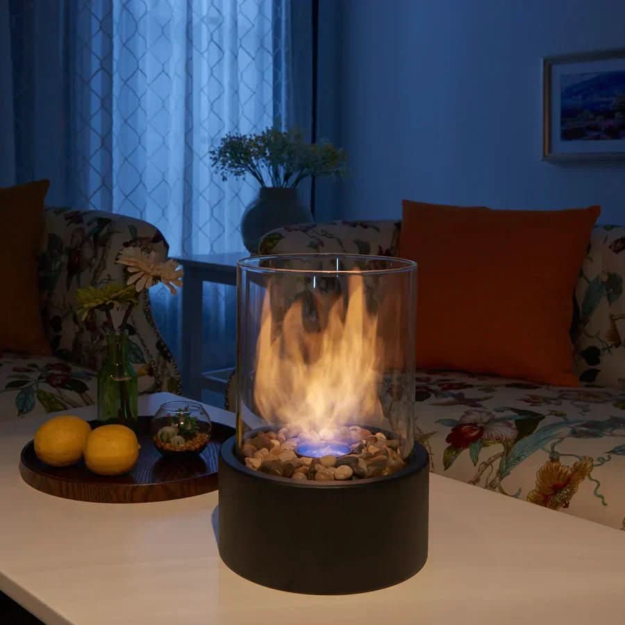 Round Bioethanol Tabletop Fireplace with Heat-Resistant Glass Cylinder Smokeless Indoor Outdoor Fire Pit