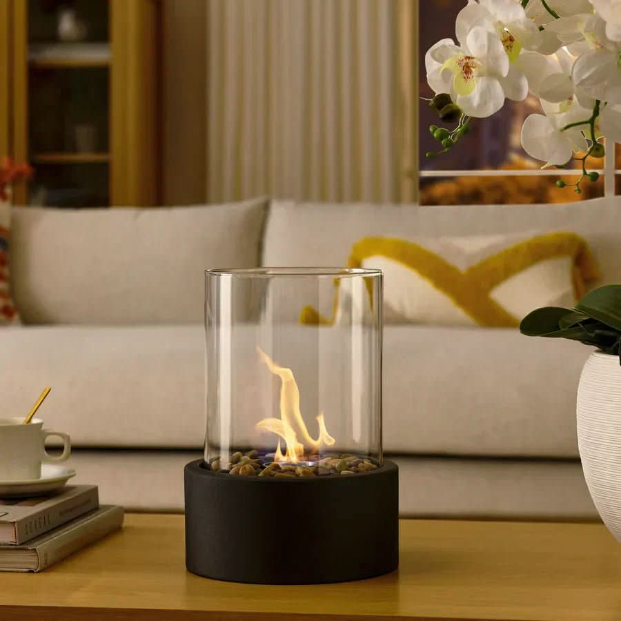 Round Bioethanol Tabletop Fireplace with Heat-Resistant Glass Cylinder Smokeless Indoor Outdoor Fire Pit