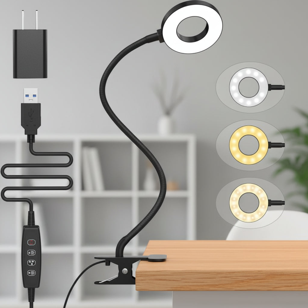 LED Clip Desk Lamp Flexible Gooseneck Reading Light USB Powered Dimmable Clamp Lamp with Adjustable Color Modes