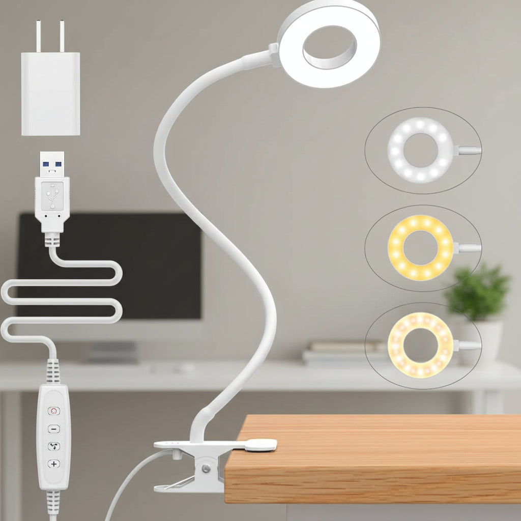 LED Clip Desk Lamp Flexible Gooseneck Reading Light USB Powered Dimmable Clamp Lamp with Adjustable Color Modes