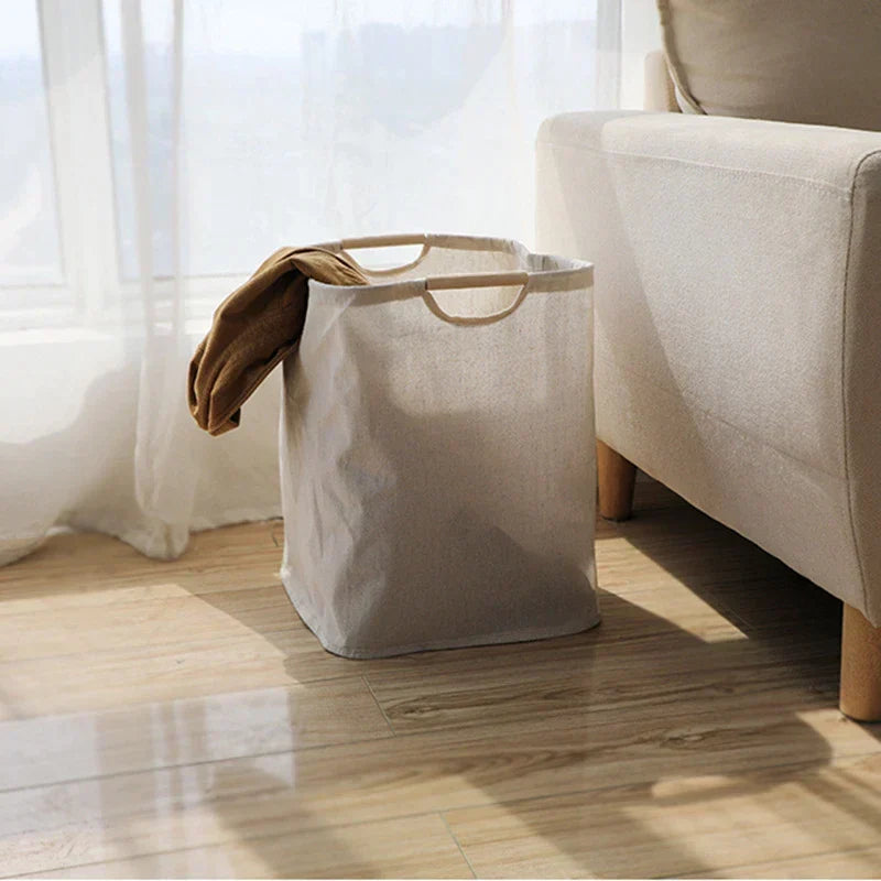 Japanese Style Cotton Linen Laundry Basket Foldable Storage Basket with Handles Freestanding Hamper for Bedroom Bathroom and Closet