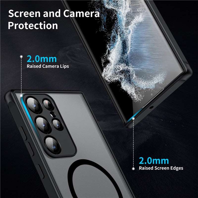 Magnetic Phone Case for Samsung Galaxy Shockproof Frosted Matte Cover with Wireless Charging Ring Camera and Screen Protection