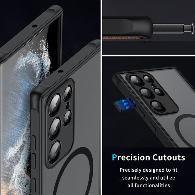 Magnetic Phone Case for Samsung Galaxy Shockproof Frosted Matte Cover with Wireless Charging Ring Camera and Screen Protection