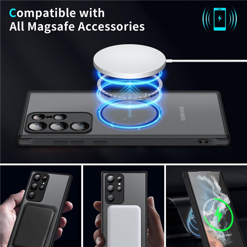 Magnetic Phone Case for Samsung Galaxy Shockproof Frosted Matte Cover with Wireless Charging Ring Camera and Screen Protection