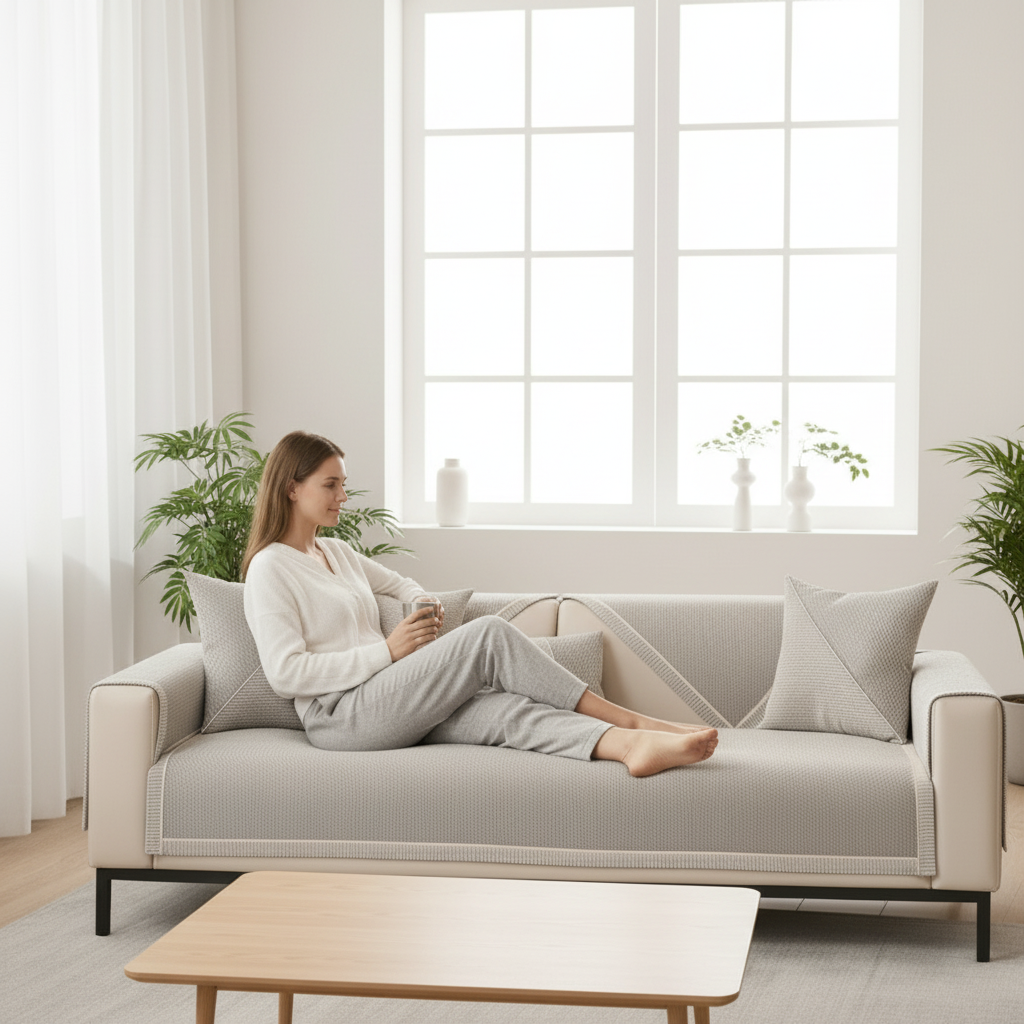Non-Slip Cotton Linen Sofa Cover Breathable Quilted Couch Seat and Armrest Protector for All Seasons