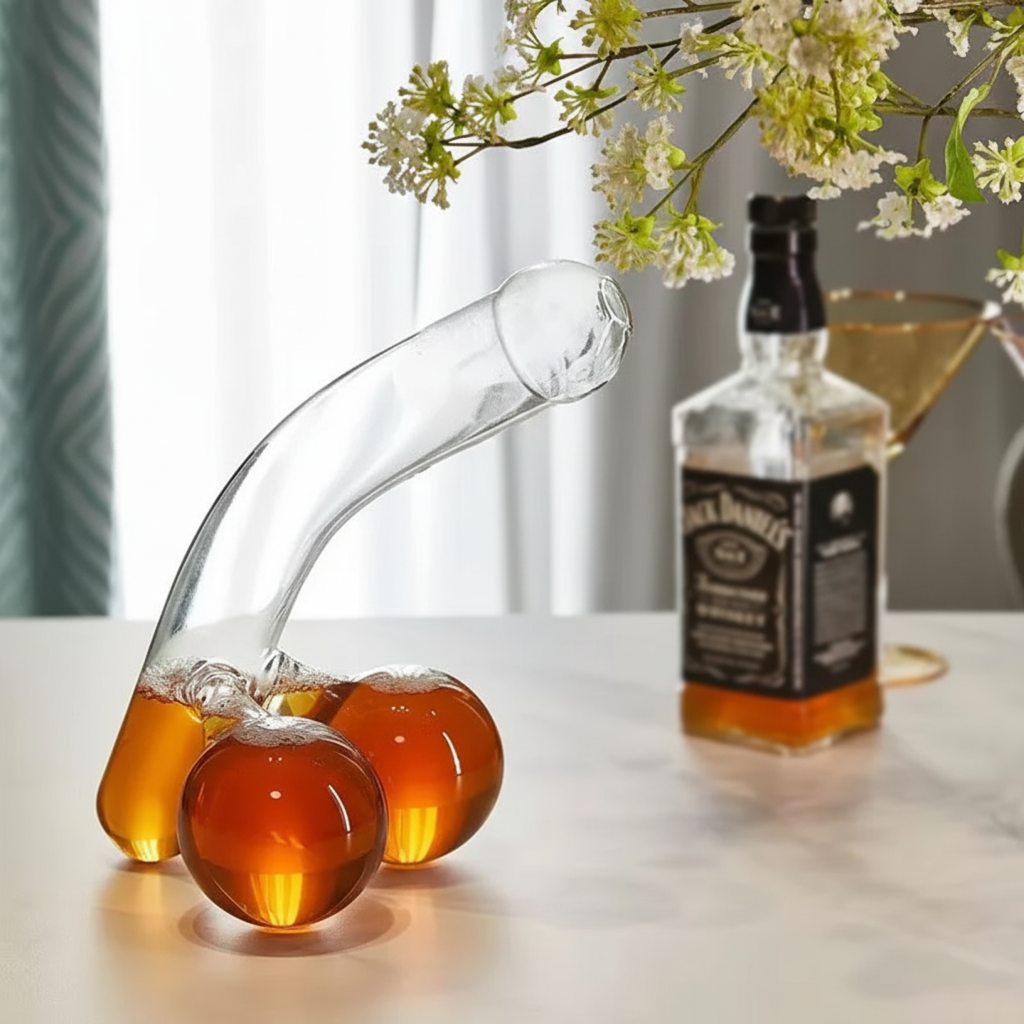 Novelty Glass Decanter with Curved Spout and Double Bulb Base Beverage Carafe for Wine Whiskey and Juice