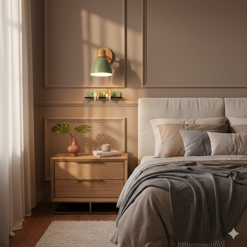 Modern Wooden Cone Shade Wall Sconce with Pull Chain