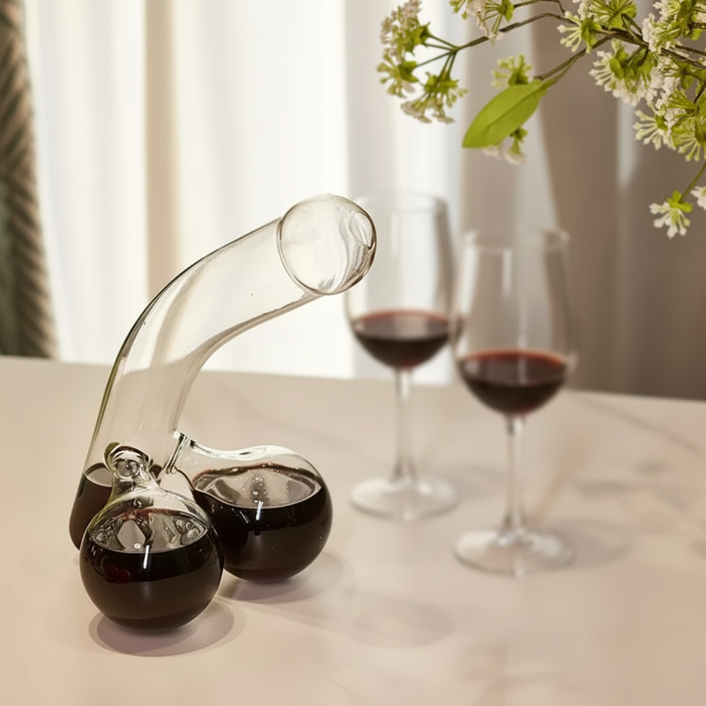 Novelty Glass Decanter with Curved Spout and Double Bulb Base Beverage Carafe for Wine Whiskey and Juice