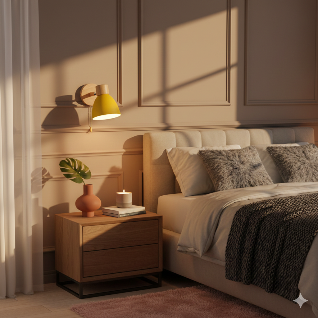Modern Wooden Cone Shade Wall Sconce with Pull Chain
