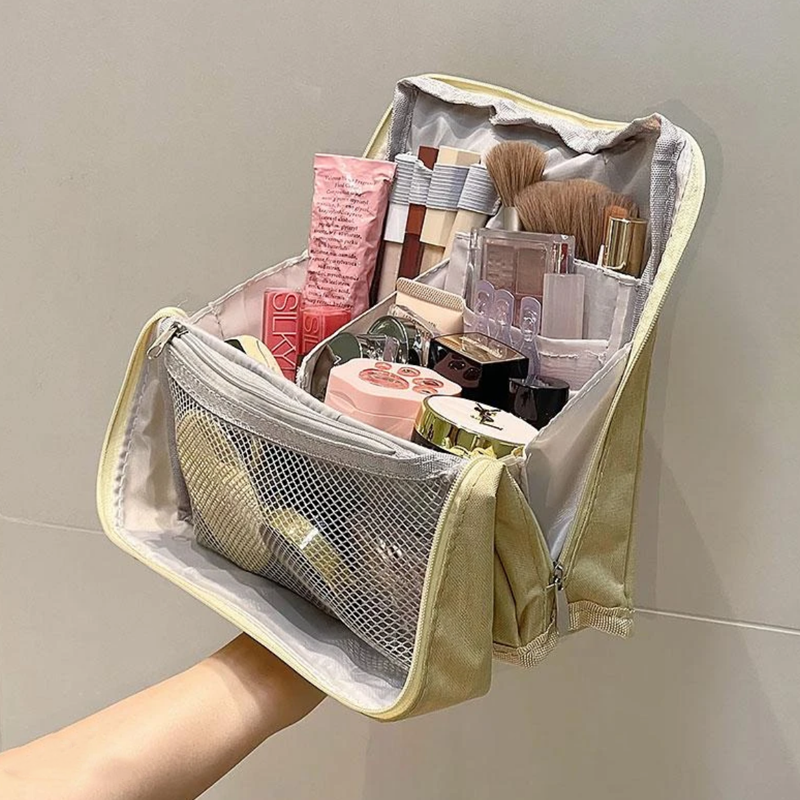 Structured Travel Makeup Bag Organizer with Brush Holder and Compartments