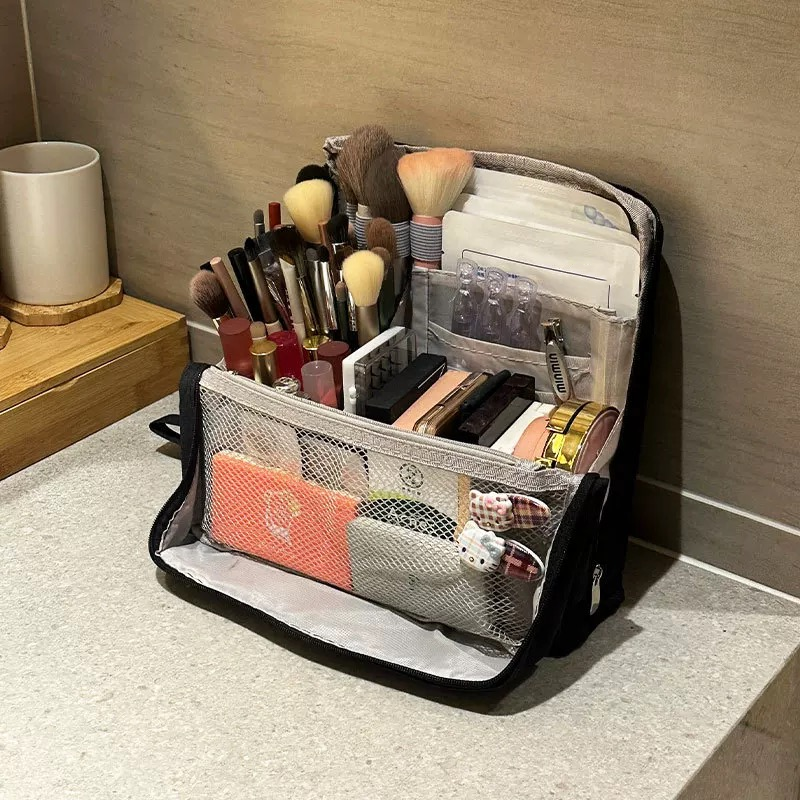 Structured Travel Makeup Bag Organizer with Brush Holder and Compartments