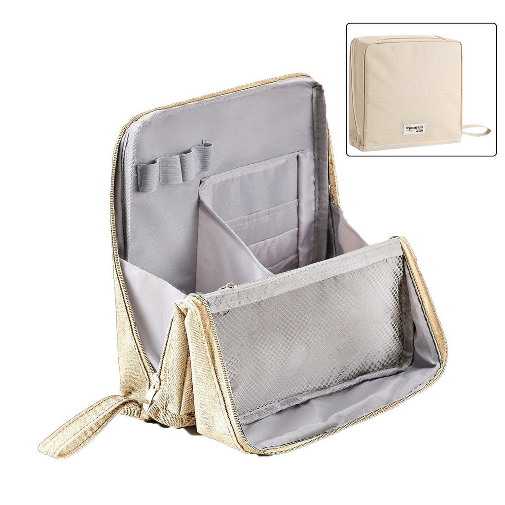 Structured Travel Makeup Bag Organizer with Brush Holder and Compartments