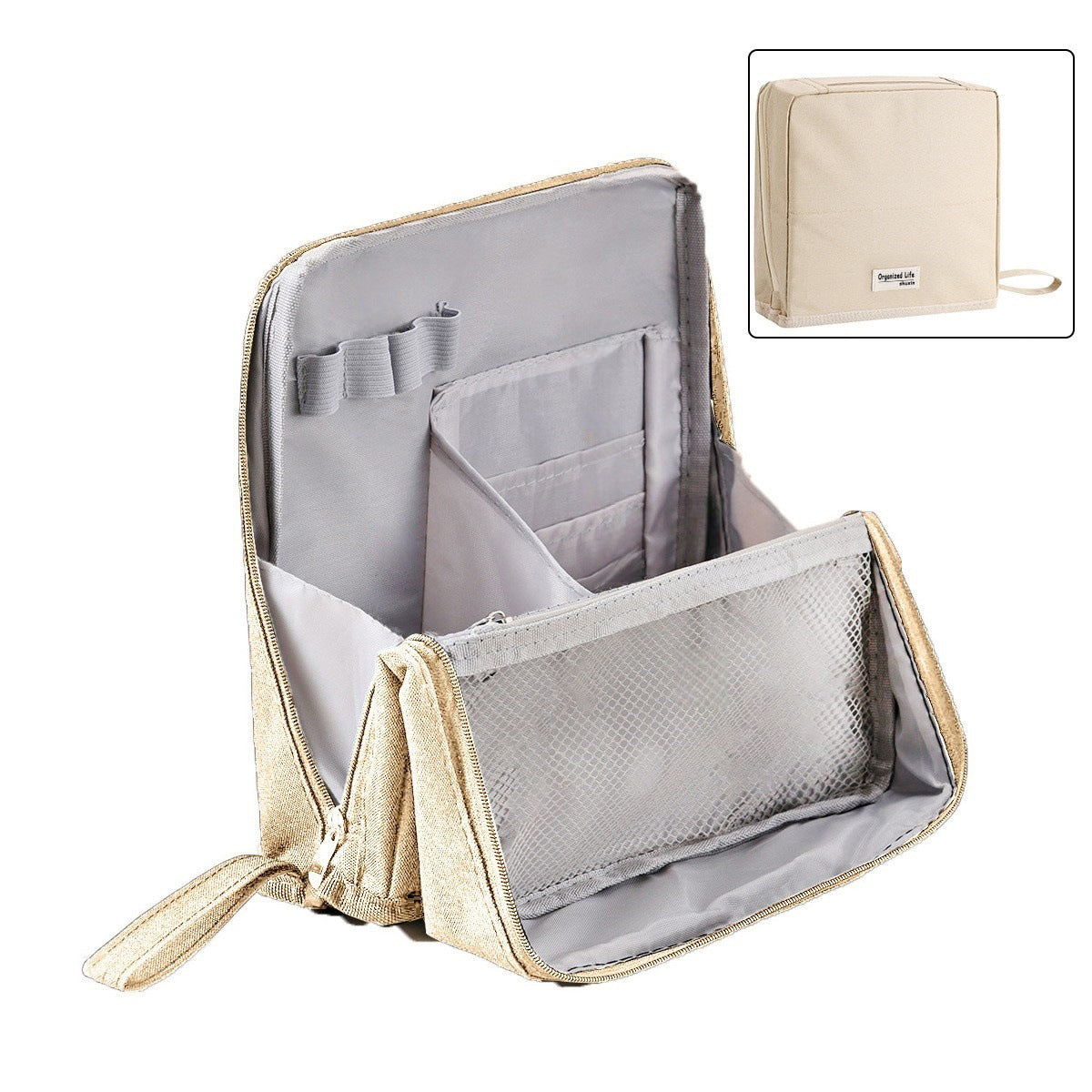 Structured Travel Makeup Bag Organizer with Brush Holder and Compartments