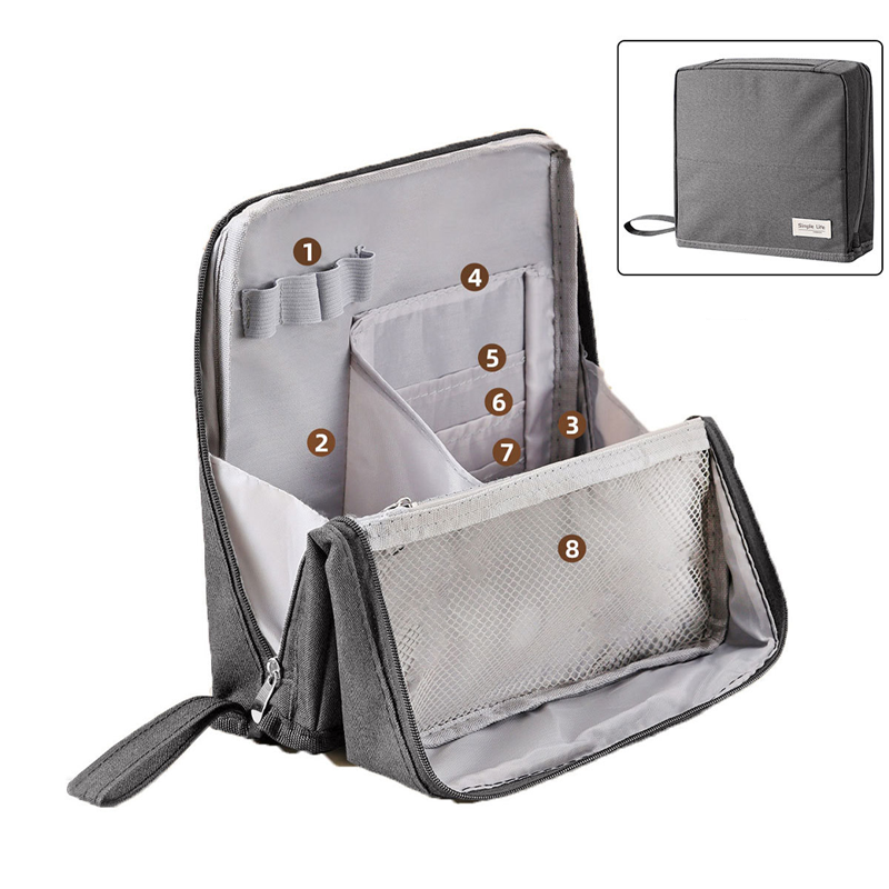 Structured Travel Makeup Bag Organizer with Brush Holder and Compartments