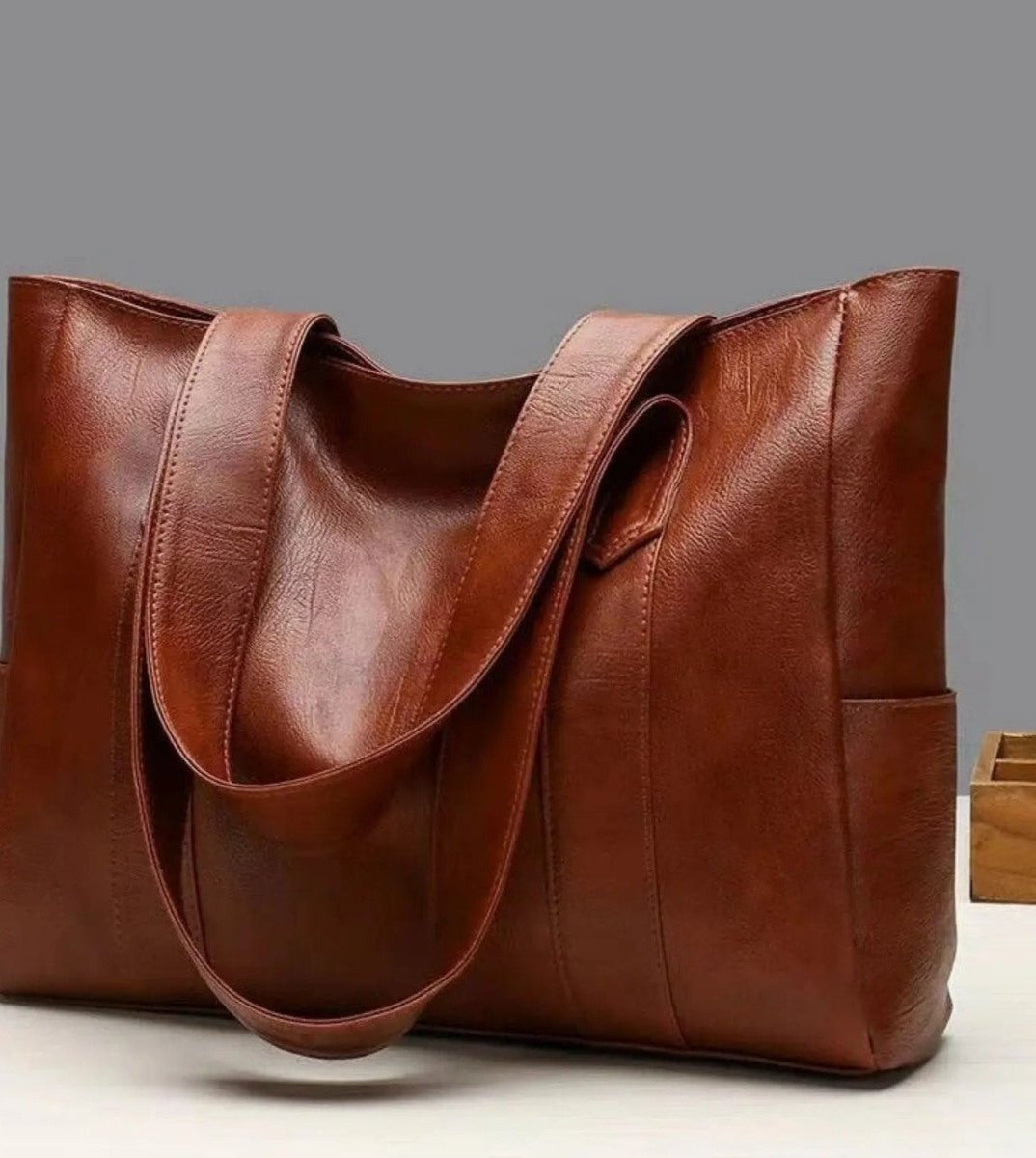 Women's Vegan Leather Tote Bag Vintage Shoulder Bag with Zipper Large Capacity Work Handbag with Side Pockets