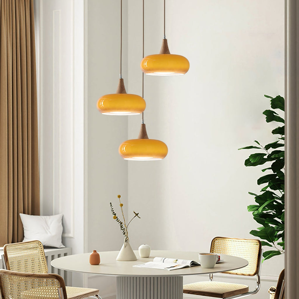 Wood and Metal Dome Pendant Light with Smooth Gloss Shade