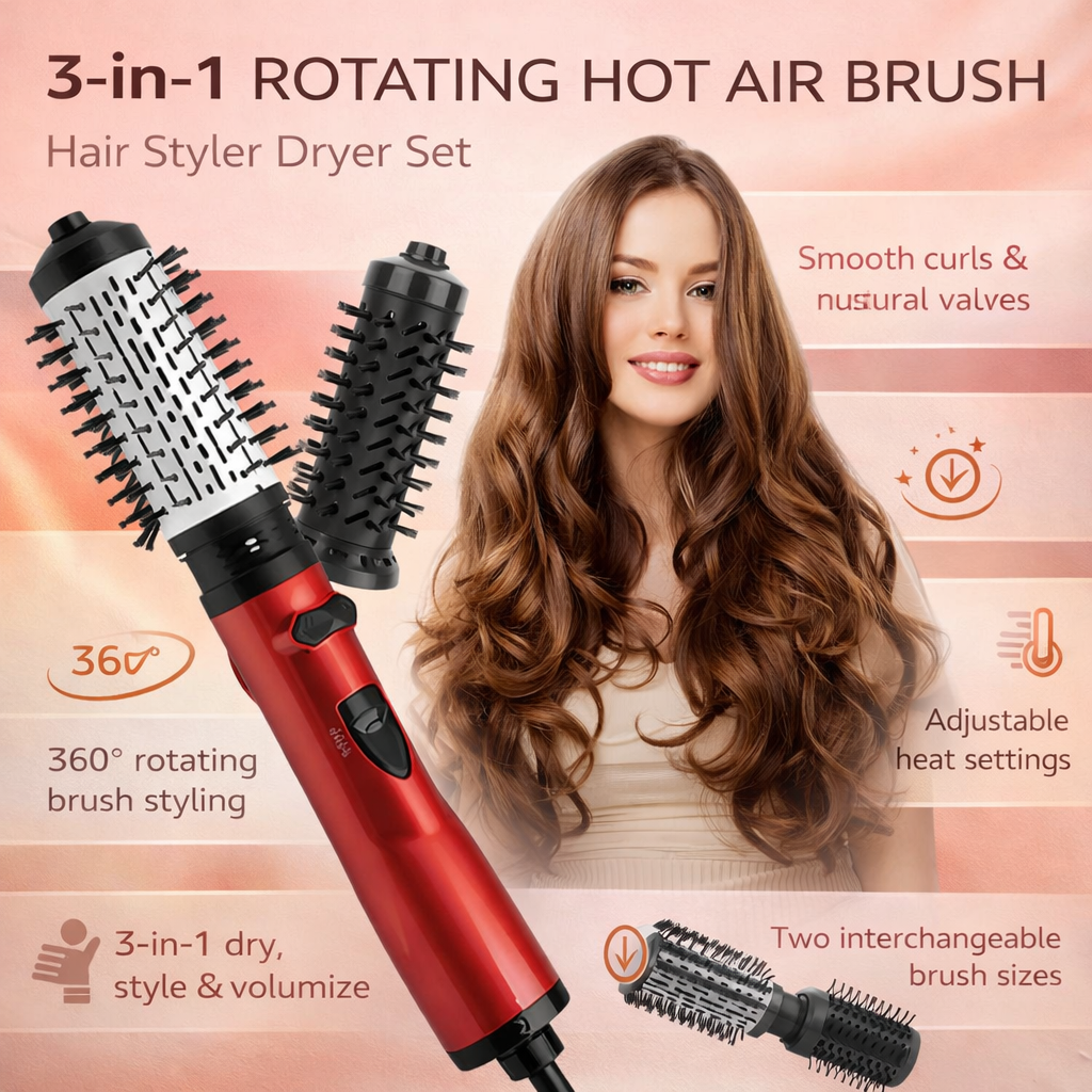 Rotating Hot Air Brush Hair Styler Dryer Set with Interchangeable Round Brush Heads Ionic Blow Dry Volumizer