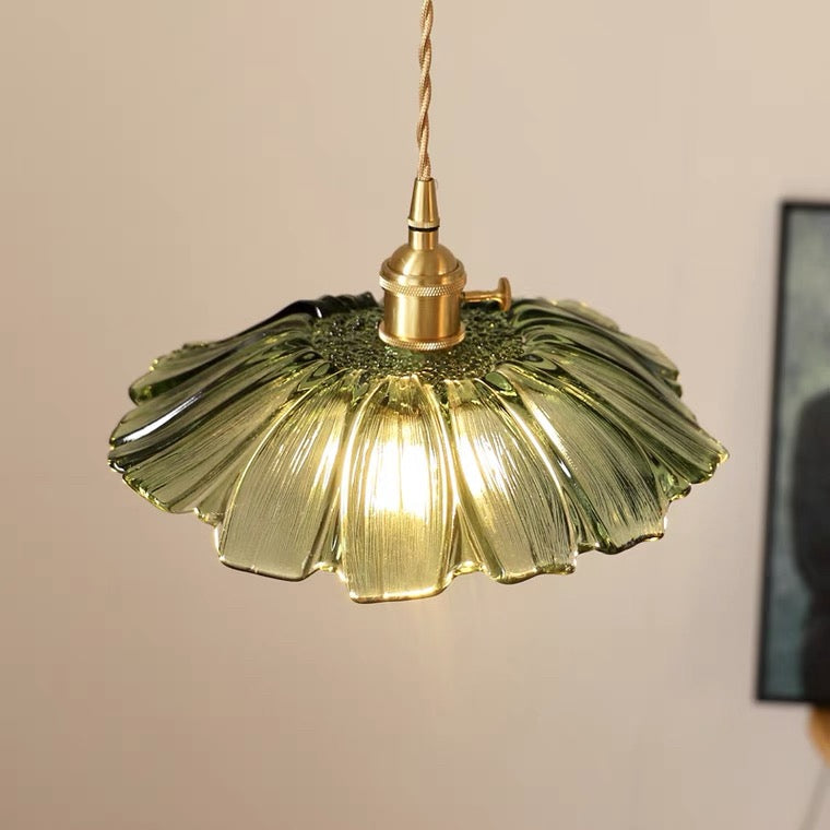 Retro Glass Flower Pendant Light with Brass Finish
