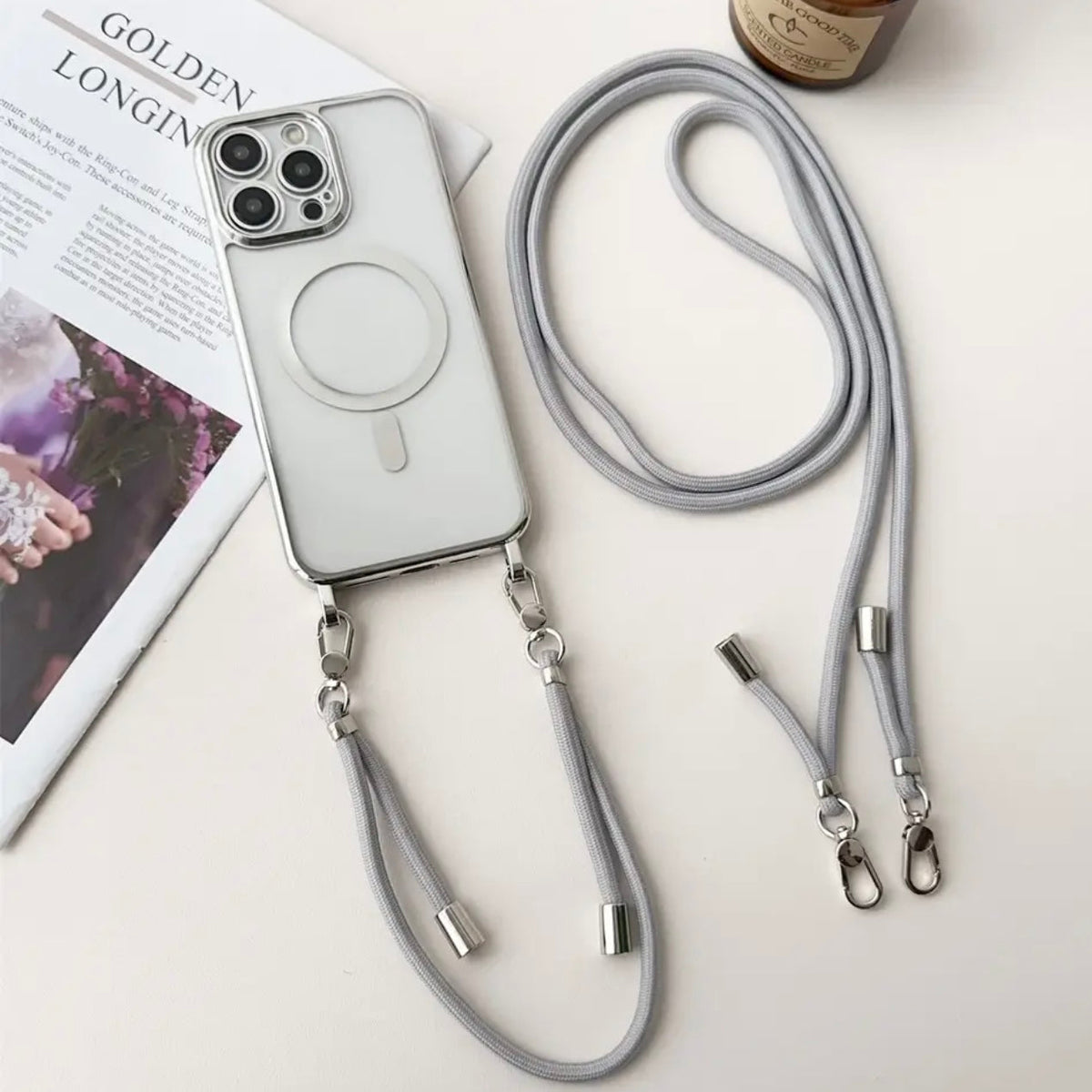 iPhone Crossbody Phone Case with Adjustable Lanyard Strap Compatible with MagSafe Clear Electroplated Cover