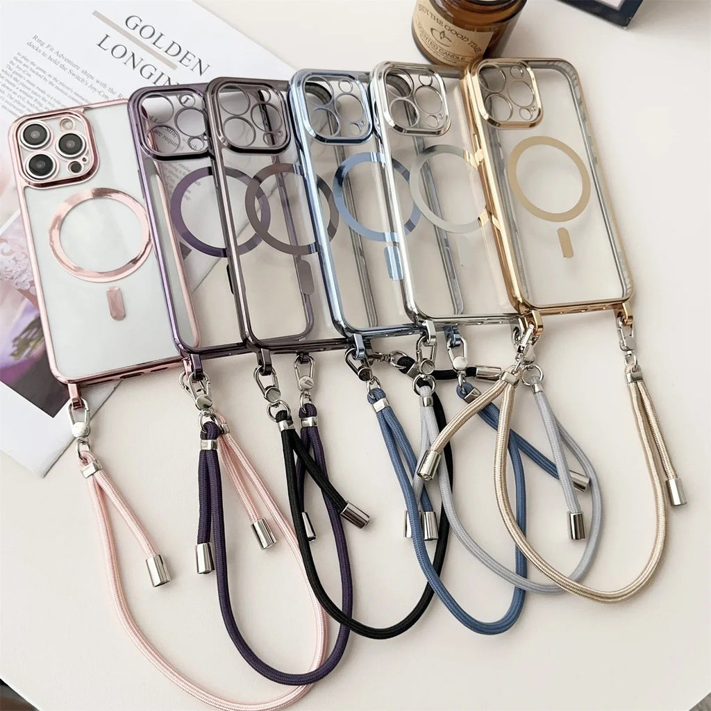 iPhone Crossbody Phone Case with Adjustable Lanyard Strap Compatible with MagSafe Clear Electroplated Cover