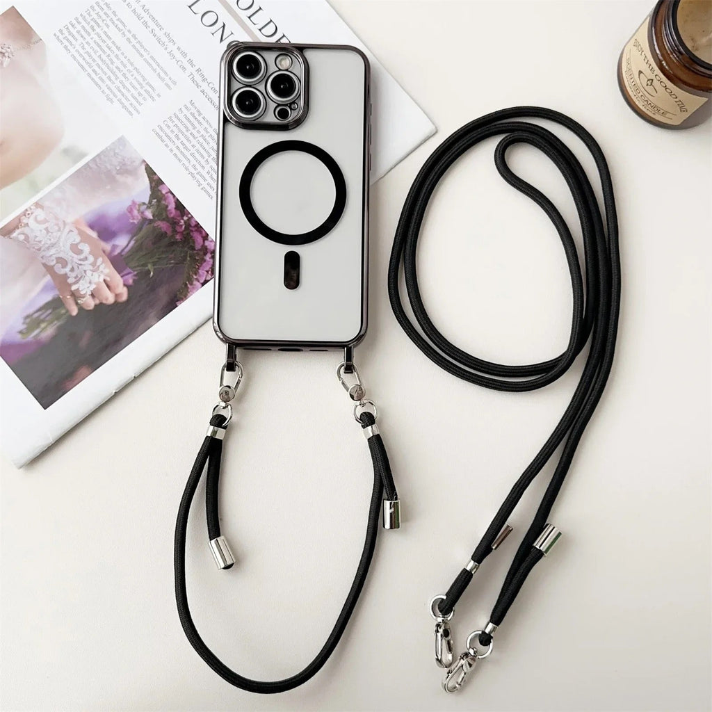iPhone Crossbody Phone Case with Adjustable Lanyard Strap Compatible with MagSafe Clear Electroplated Cover