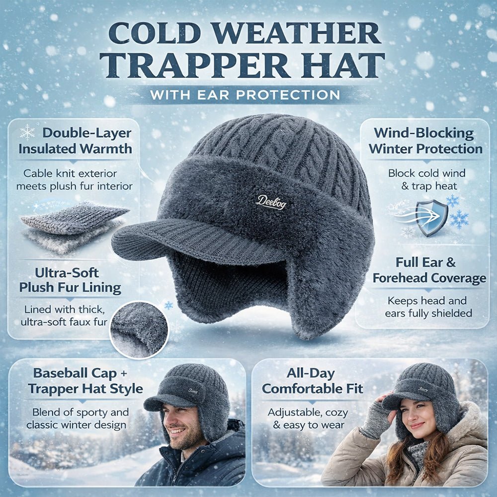 Winter Trapper Hat Knit Cap with Ear Flaps Windproof Faux Fur Lined Warm Cold Weather Hat with Visor for Men and Women