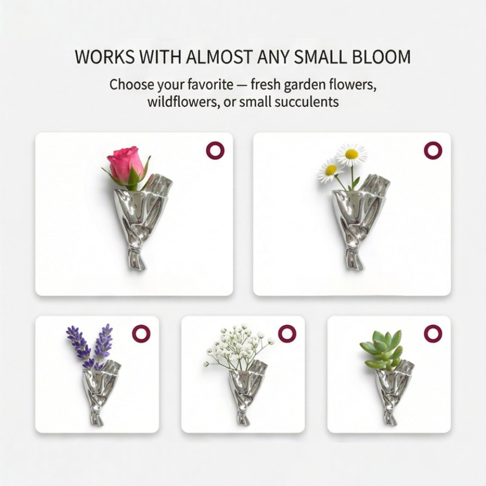Wearable Mini Flower Vase Brooch with Polished Bouquet Design