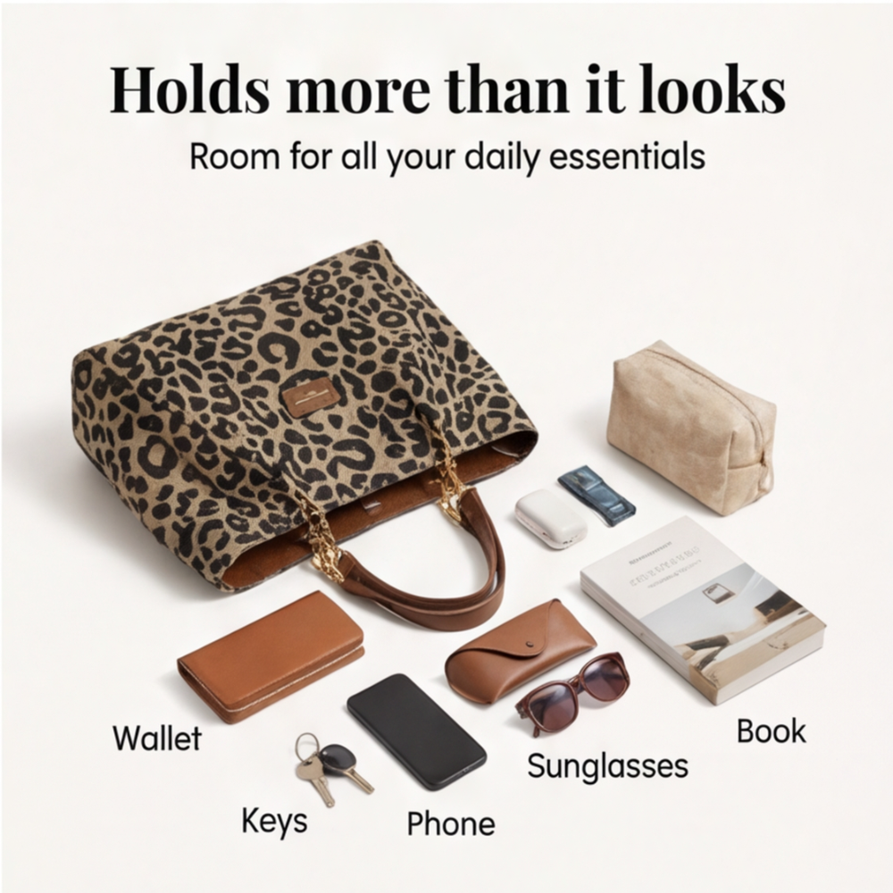 Leopard Print Woven Canvas Tote Bag with Chain Detail and Faux Leather Straps