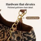 Leopard Print Woven Canvas Tote Bag with Chain Detail and Faux Leather Straps