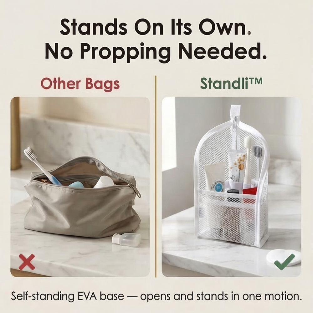 Self Standing Mesh Travel Toiletry Pouch with Dividers and Hanging Loop