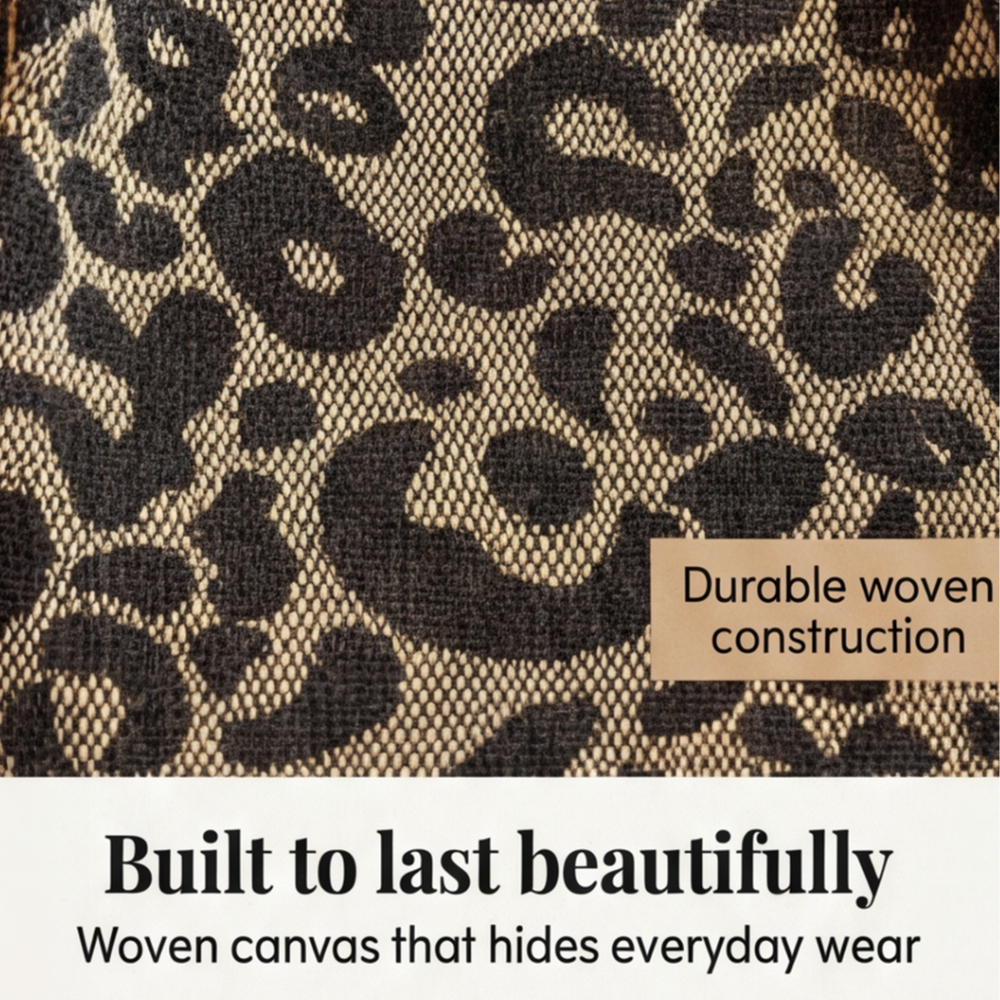 Leopard Print Woven Canvas Tote Bag with Chain Detail and Faux Leather Straps