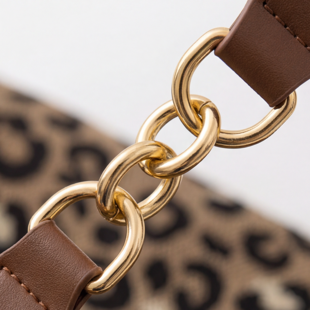 Leopard Print Woven Canvas Tote Bag with Chain Detail and Faux Leather Straps