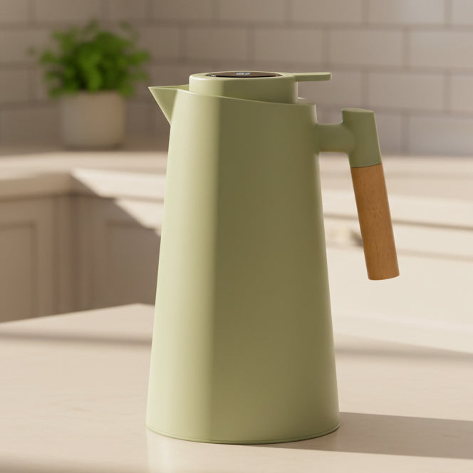 Thermal Coffee Carafe with Temperature Display Lid Double Wall Stainless Steel Insulated Jug with Wooden Handle Leakproof Thermos Pitcher