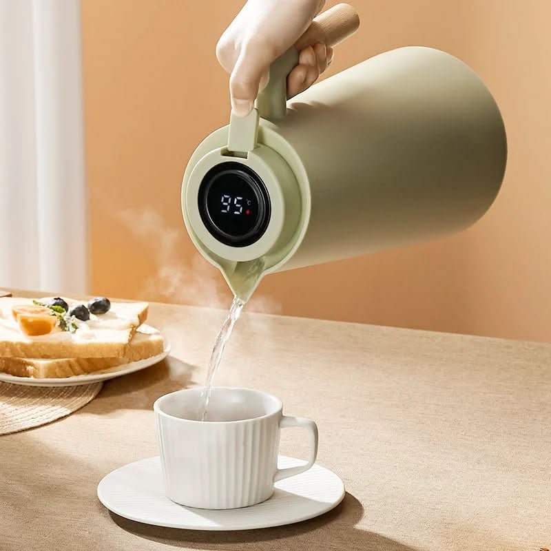 Thermal Coffee Carafe with Temperature Display Lid Double Wall Stainless Steel Insulated Jug with Wooden Handle Leakproof Thermos Pitcher