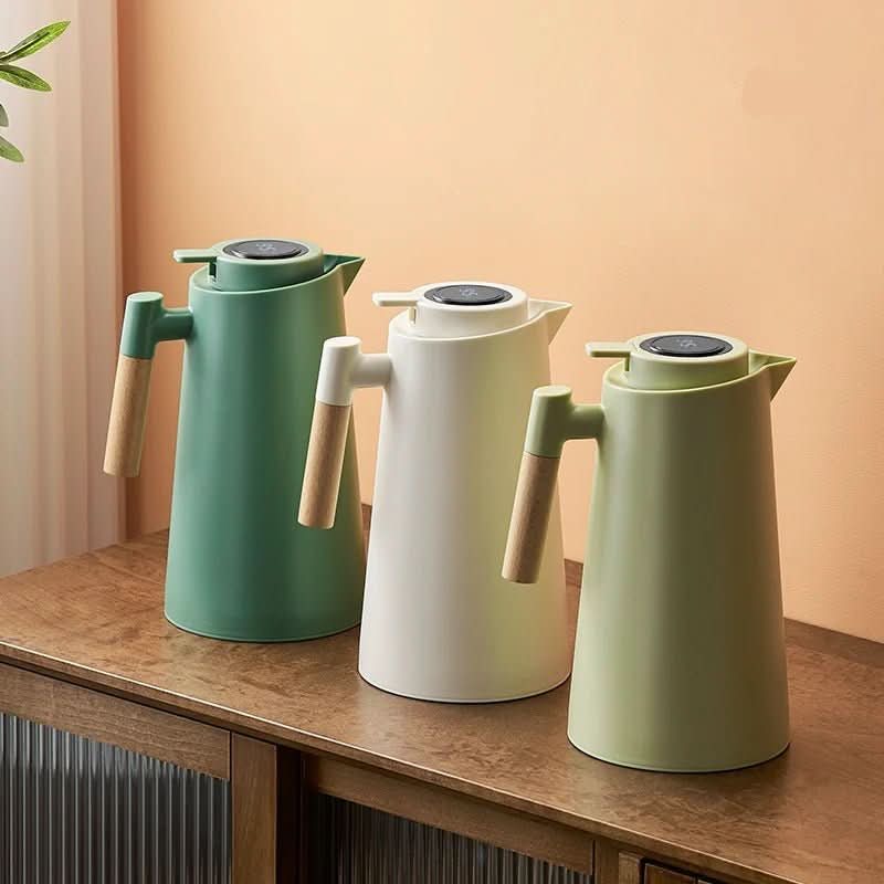 Thermal Coffee Carafe with Temperature Display Lid Double Wall Stainless Steel Insulated Jug with Wooden Handle Leakproof Thermos Pitcher