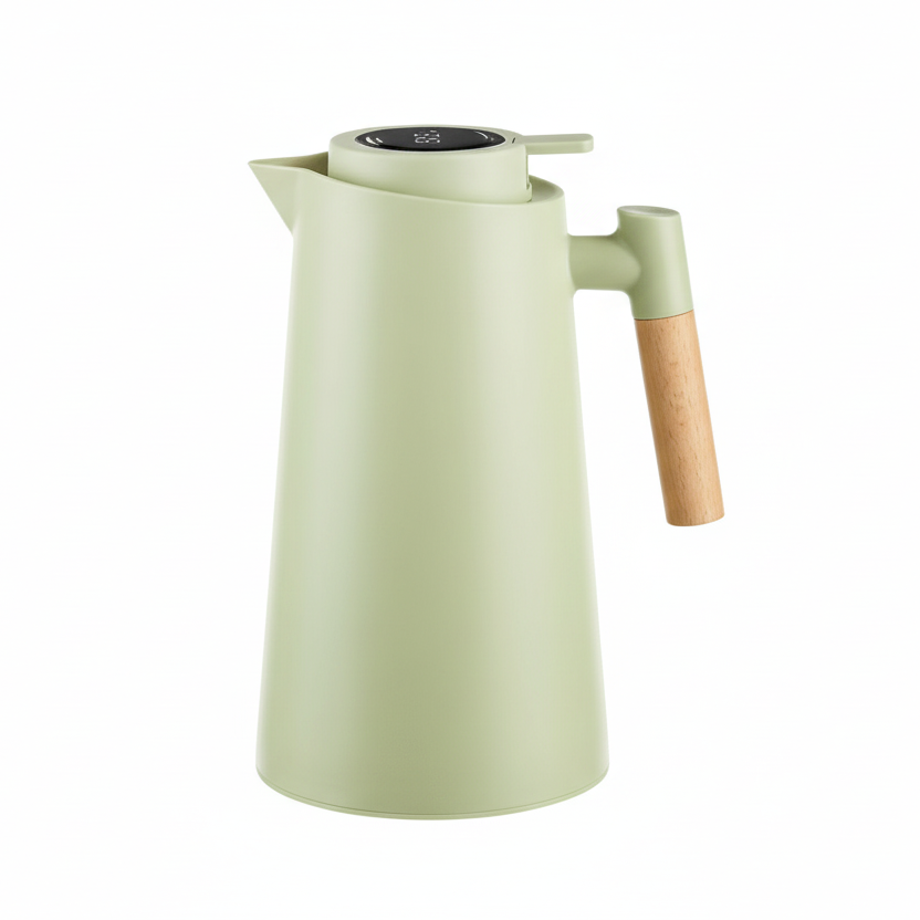 Thermal Coffee Carafe with Temperature Display Lid Double Wall Stainless Steel Insulated Jug with Wooden Handle Leakproof Thermos Pitcher