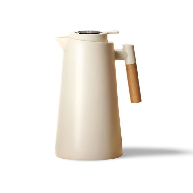 Thermal Coffee Carafe with Temperature Display Lid Double Wall Stainless Steel Insulated Jug with Wooden Handle Leakproof Thermos Pitcher