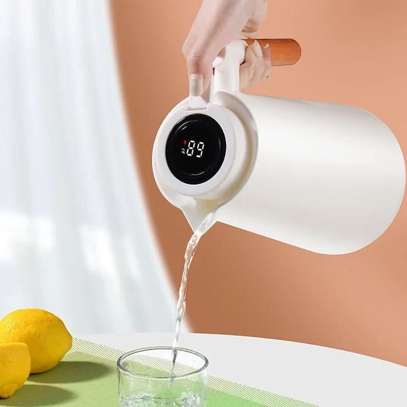 Thermal Coffee Carafe with Temperature Display Lid Double Wall Stainless Steel Insulated Jug with Wooden Handle Leakproof Thermos Pitcher