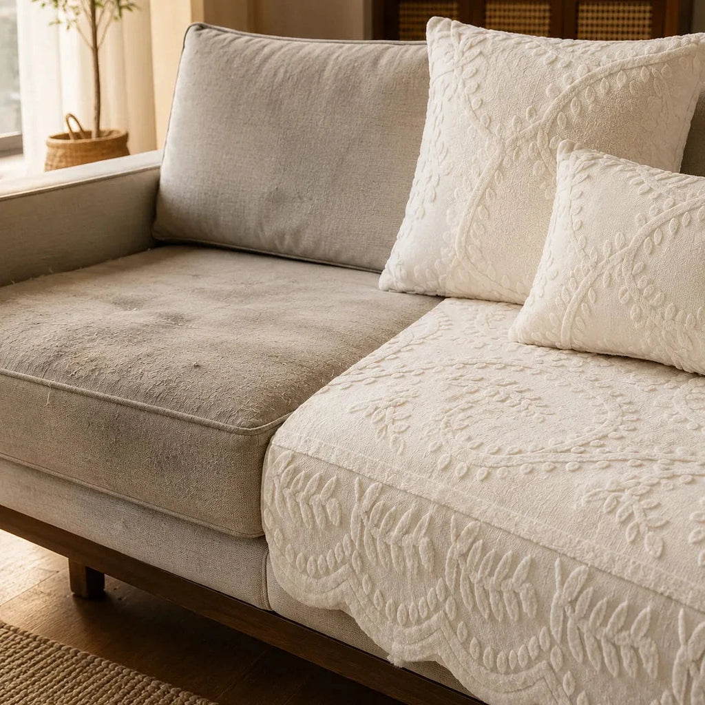 Plush Non-Slip Sofa Cover with Embossed Leaf Texture and Silicone Grip Backing